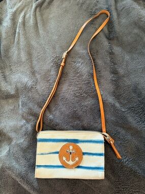 Brighton Canvas Stripe Crossbody with Anchor Patch - Blue & Tan